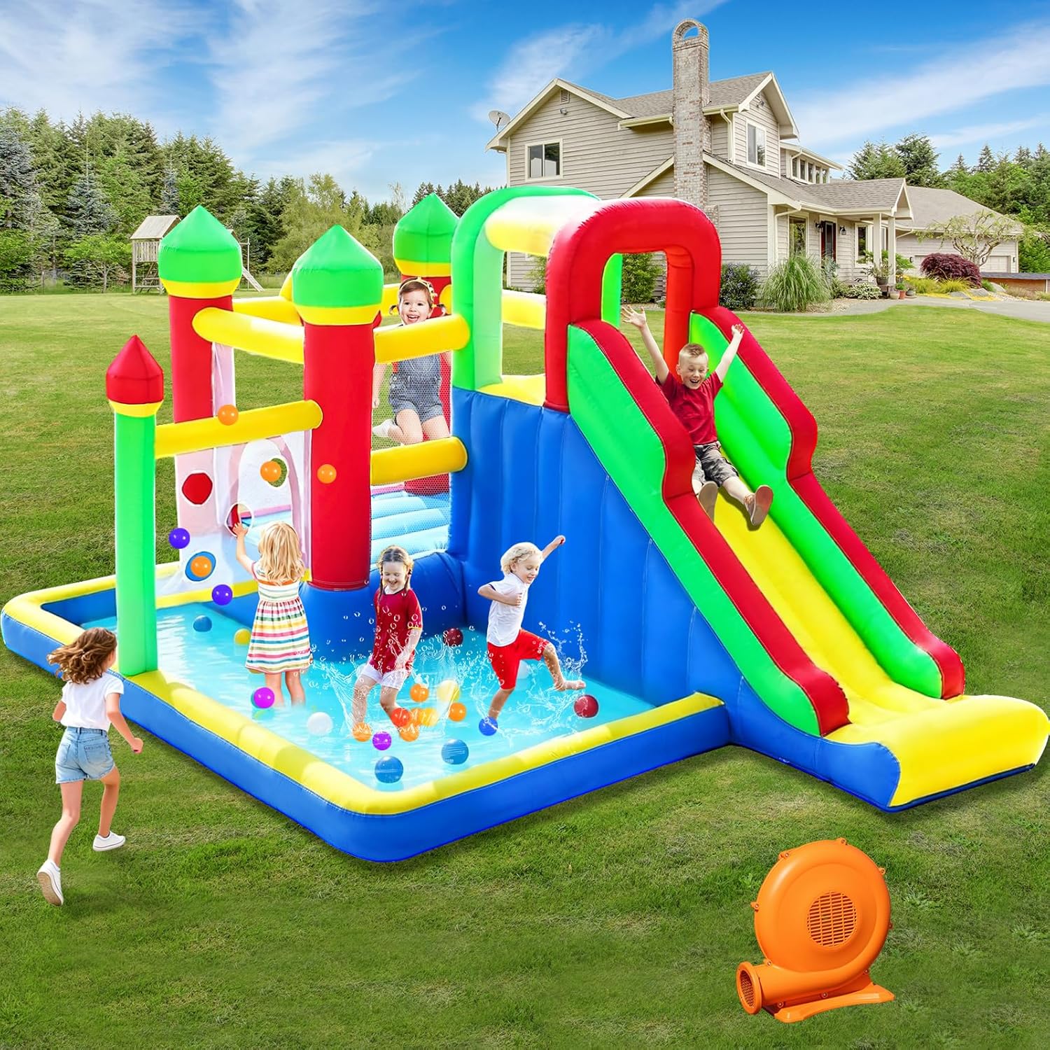 Kids Outdoor Ball - Kids Inflatable Bouncy Castle with Slide,