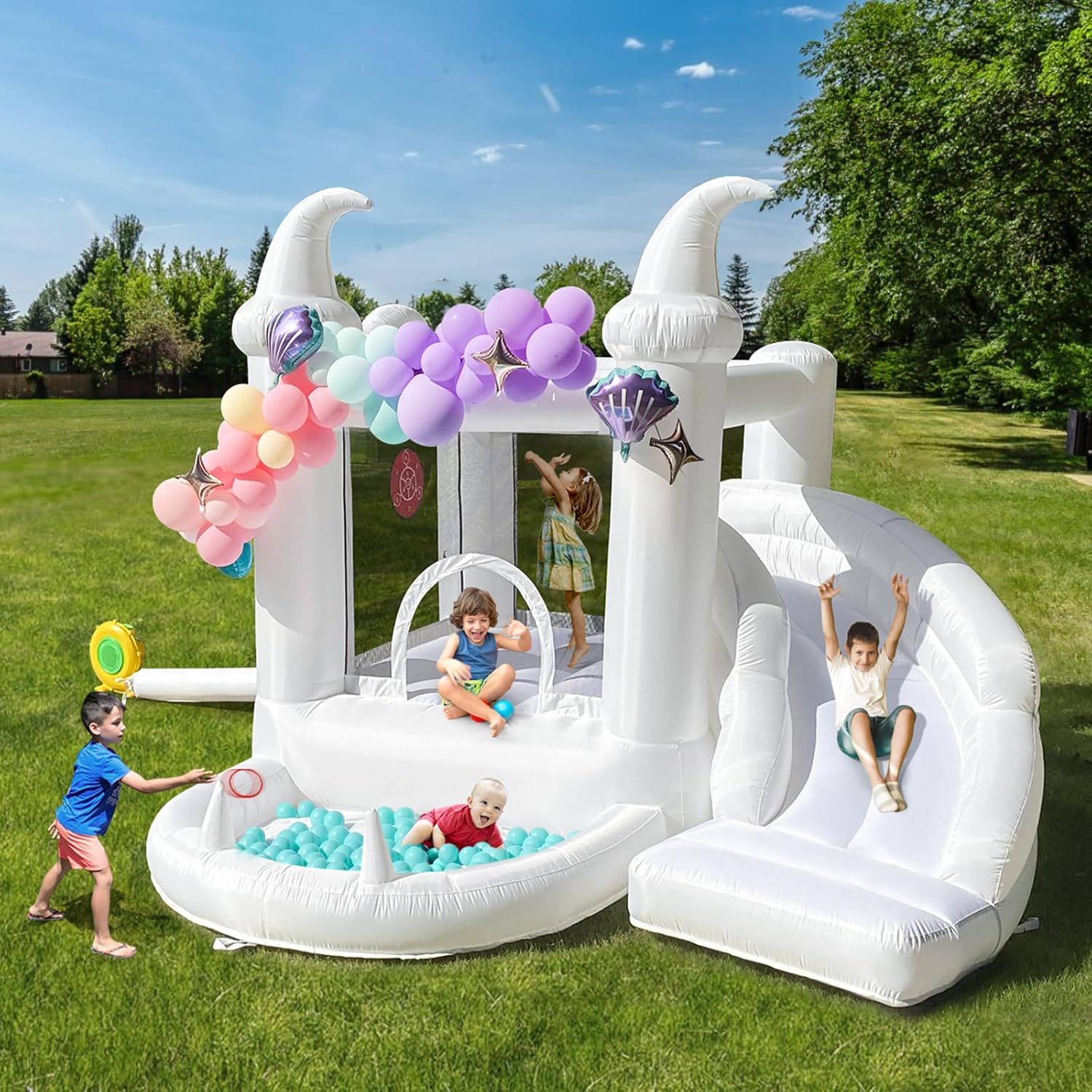 Kids Outdoor Ball - White Inflatable Bouncy Castle 3-in-1 for