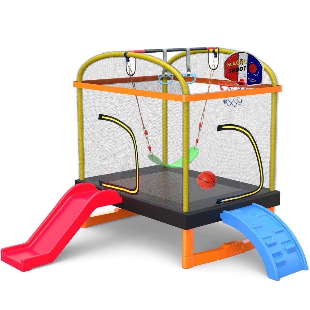 Kids Outdoor Swing And Slide - 6.5Ft 7-in-1 Rectangle Trampoline for Kids,